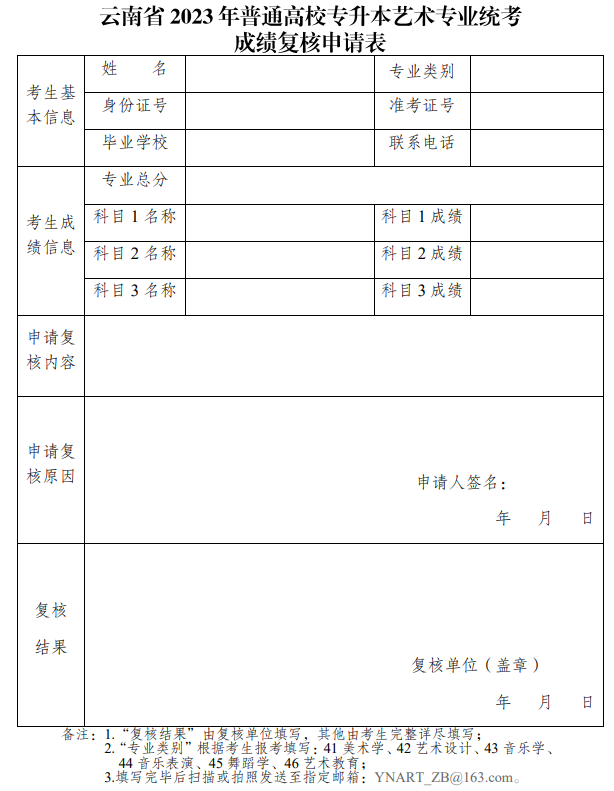 云南省2023年普通高校專升本藝術專業(yè)統(tǒng)考成績復核申請表